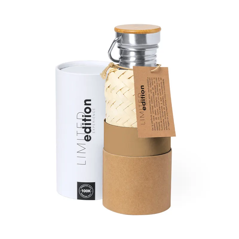 Bidón de acero Ninvux con funda de paja y asa 600 ml en bidón ninvux de acero inox/ bambú, vista frontal