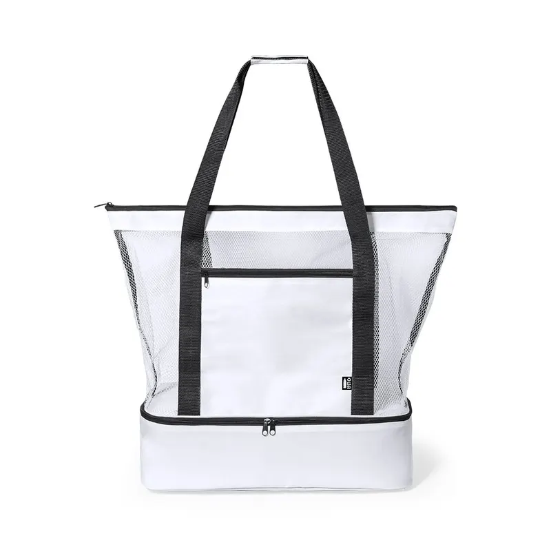 Bolsa nevera de RPET Pattel con base isotérmica y malla en blanco de poliéster 600D RPET/ PEVA, vista frontal