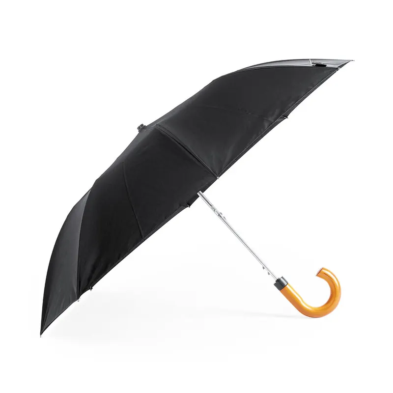 Paraguas plegable de RPET Branit Ø 100 cm mango de madera en negro de pongee 190T RPET, vista frontal