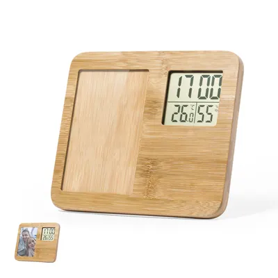 Portafotos de bambú con reloj y termómetro personalizable
