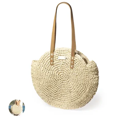 Bolso circular de rafia sintética con madera personalizable