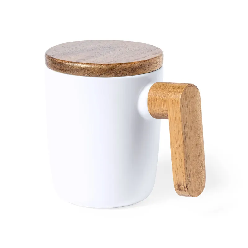 Taza de cerámica Haruncal 350 ml con tapa y asa de madera en blanco de cerámica/ madera, vista frontal
