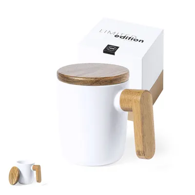 Taza de cerámica Haruncal 350 ml con tapa y asa de madera personalizable