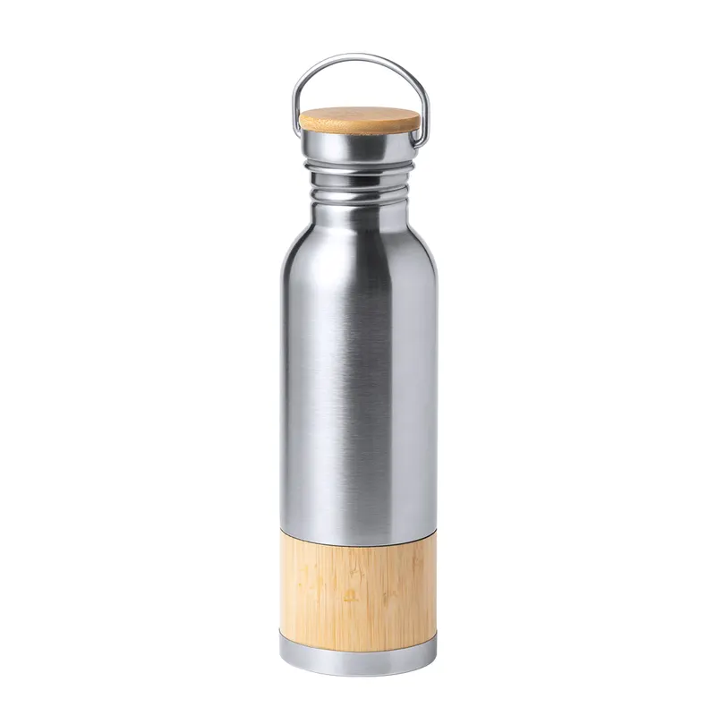 Bidón de acero Gaucix con franja de bambú 800 ml en plateado de acero inox/ bambú, vista frontal