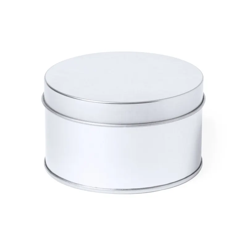 Caja metálica redonda Rubrux con tapa en plateado de metal, vista frontal