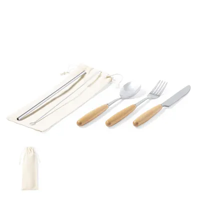 Set Basuky 5 cubiertos acero y madera con funda personalizable