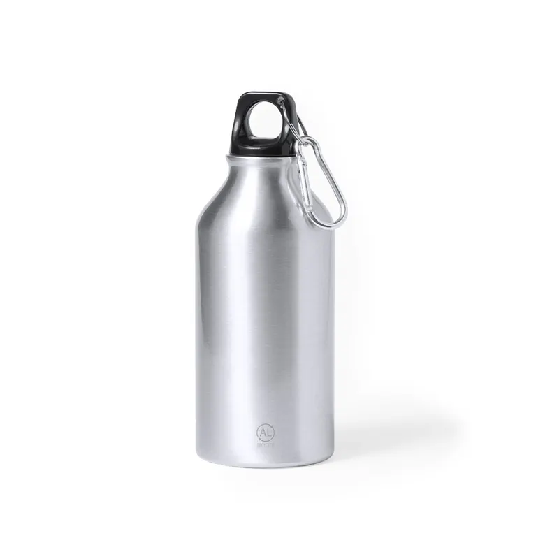 Bidón de aluminio reciclado Seirex 400 ml con mosquetón en plateado de aluminio reciclado, vista frontal