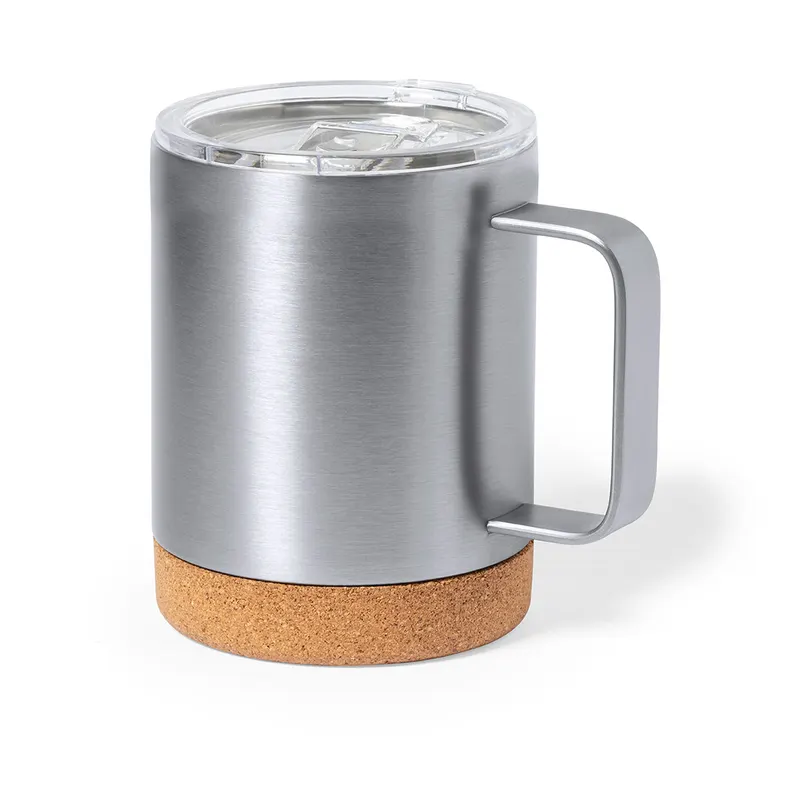 Taza térmica de acero Loret 330 ml base de corcho en plateado de acero inox/ corcho, vista frontal