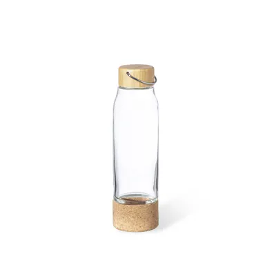 Botella de cristal Aderox 470 ml tapón bambú con asa personalizable
