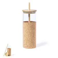 Botella de cristal Tromury 500 ml funda de corcho y pajita de cristal borosilicato/ bambú, vista frontal