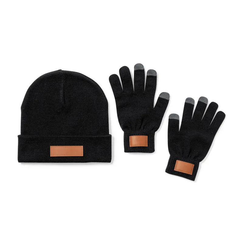 Set de gorro y guantes de acrílico táctiles Prasan en negro de acrílico, vista frontal