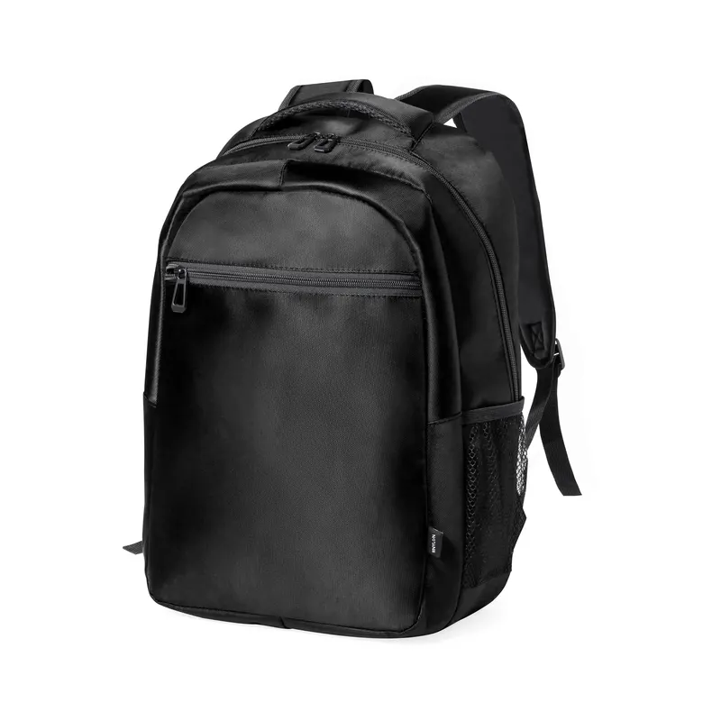 Mochila de nylon reciclado Polack 420D 1 bolsillo ext. en negro de nylon reciclado 420D, vista frontal