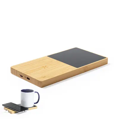 Calentador de tazas de bambú con cargador 10 W personalizable