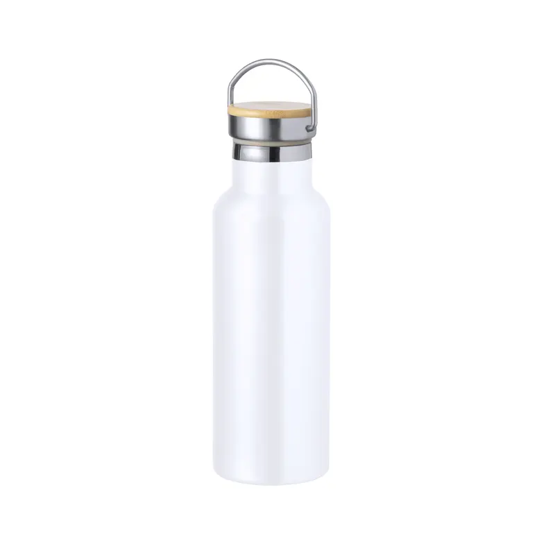 Botella térmica de acero Naxel 500 ml tapón bambú y asa en blanco de acero inox/ bambú, vista frontal