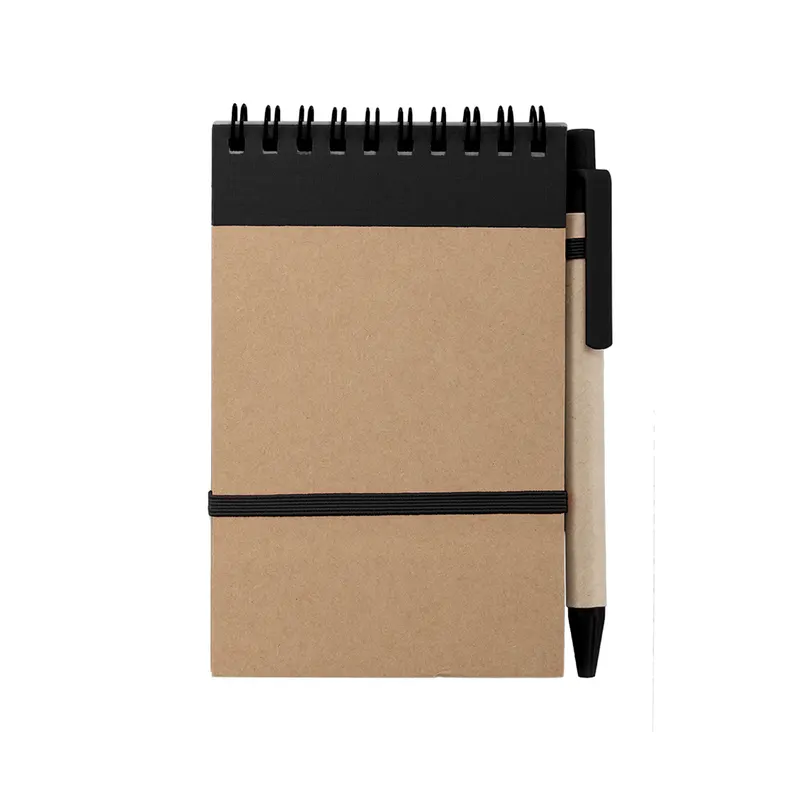 Libreta de anillas cartón reciclado Ecocard con bolígrafo en negro de cartón reciclado, vista frontal
