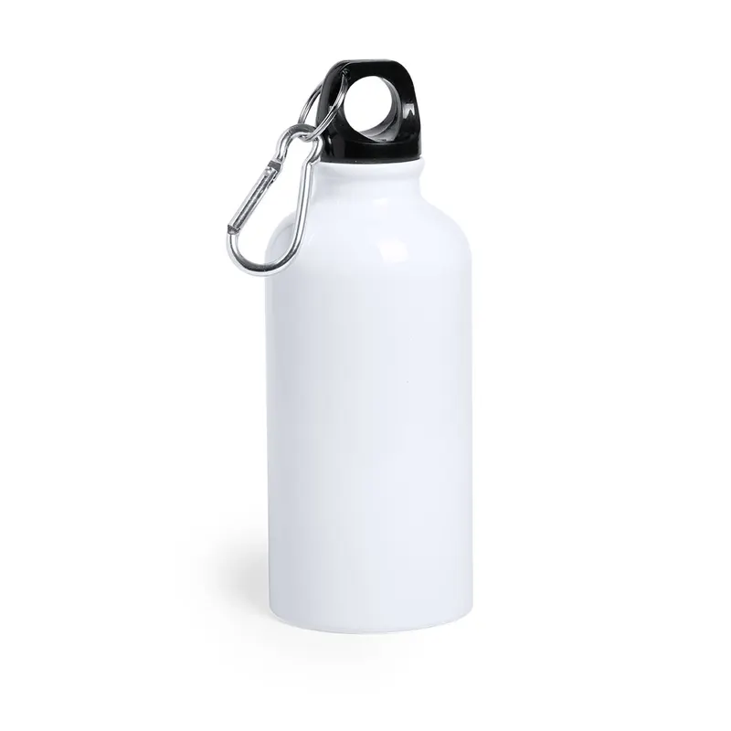 Bidón de aluminio Mento 400 ml con mosquetón en blanco de aluminio, vista frontal