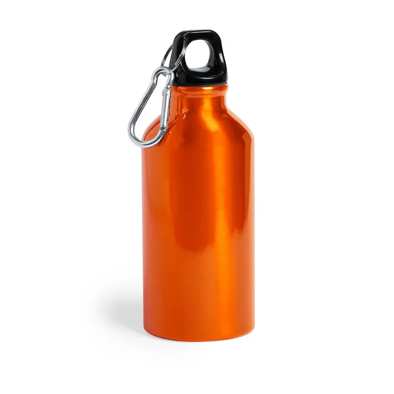 Bidón de aluminio Mento 400 ml con mosquetón en naranja de aluminio, vista frontal