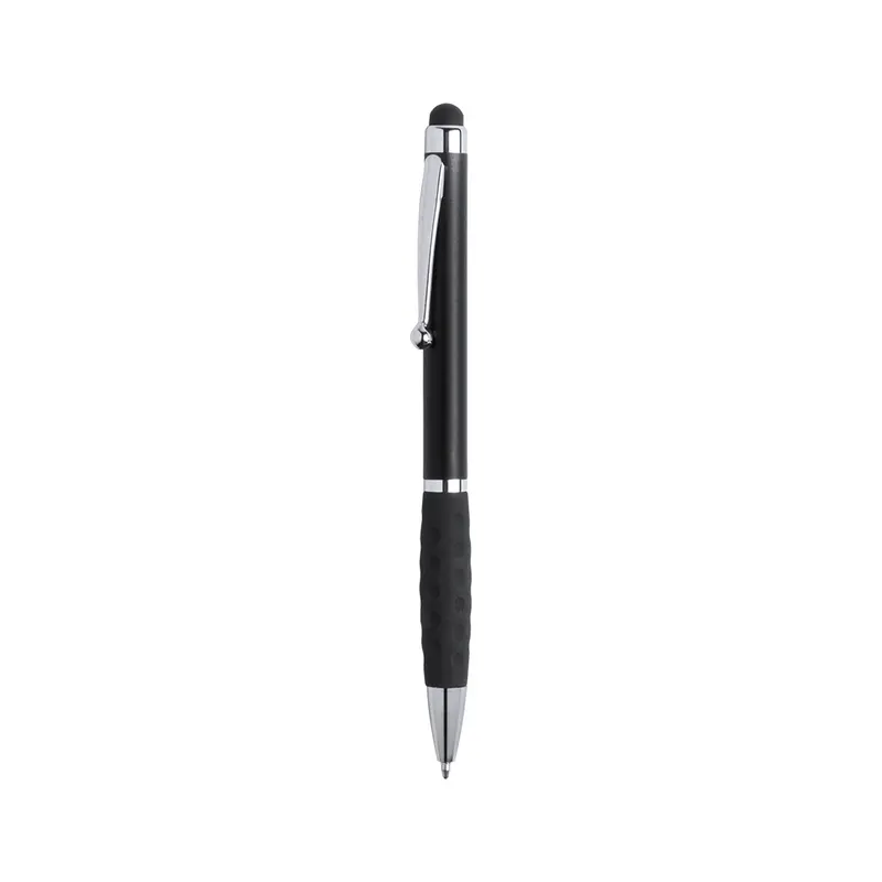 Bolígrafo puntero giratorio bicolor clip metal Sagur en negro, vista frontal