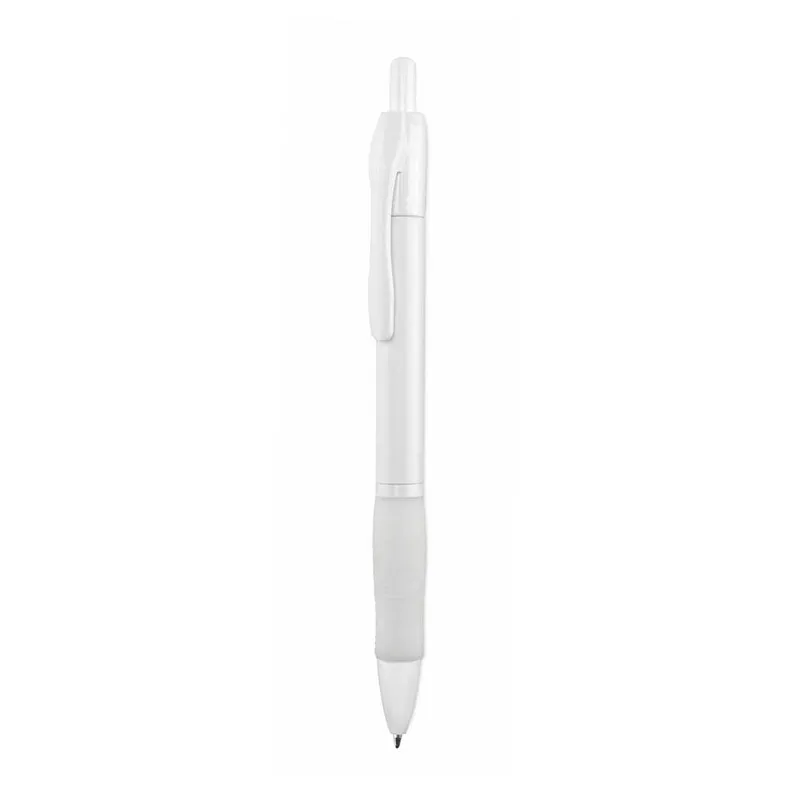Bolígrafo pulsador blanco Zufer con empuñadura en blanco, vista frontal