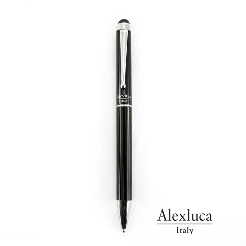 Bolígrafo puntero metálico negro Salend con estuche en negro de aluminio, vista frontal