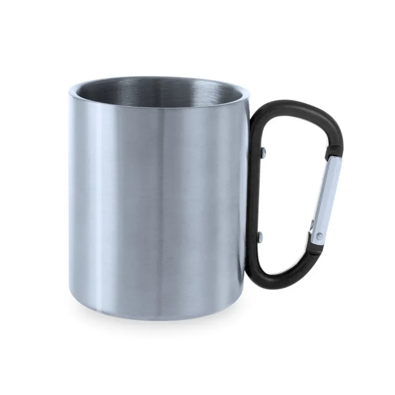 Taza de acero Bastic 220 ml asa mosquetón en negro de acero inox, vista frontal