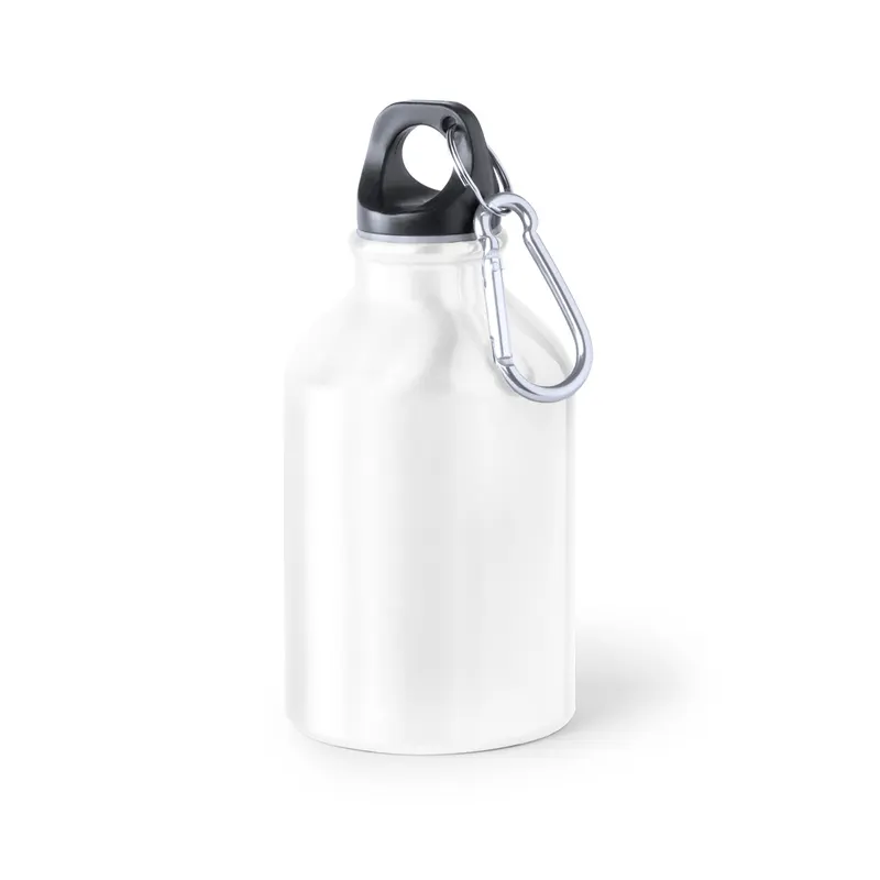 Bidón de aluminio Henzo 330 ml con mosquetón en blanco de aluminio, vista frontal