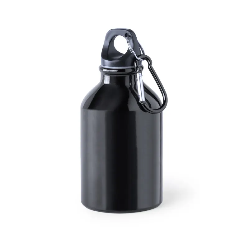 Bidón de aluminio Henzo 330 ml con mosquetón en negro de aluminio, vista frontal