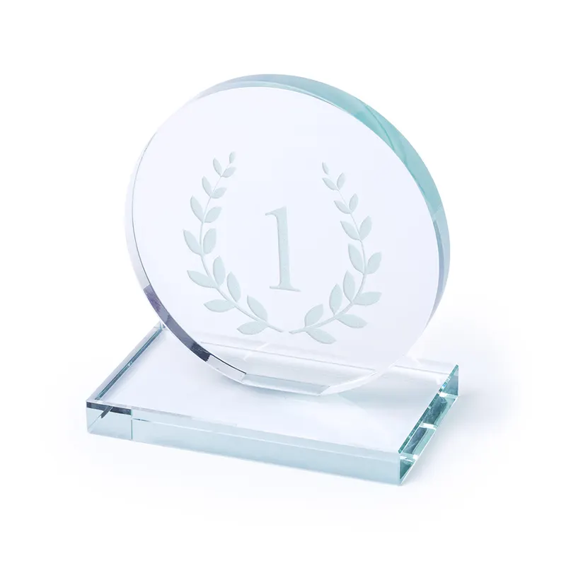 Placa trofeo de cristal Owen con base cuadrada en placa owen de cristal, vista frontal