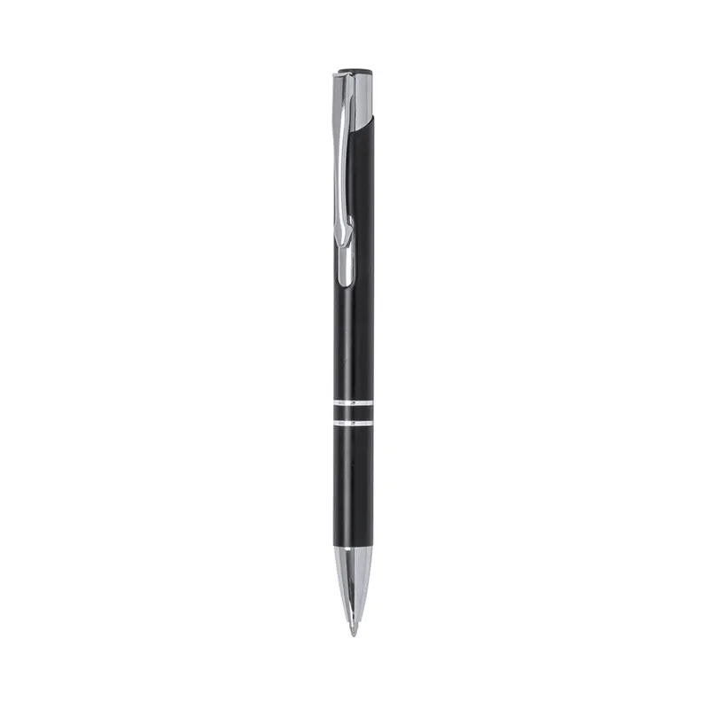 Bolígrafo pulsador bicolor de aluminio Trocum troquelado en negro de aluminio, vista frontal