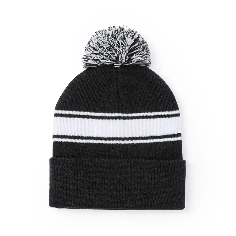 Gorro de acrílico Baikof con tira frontal y pompón en negro de acrílico, vista frontal
