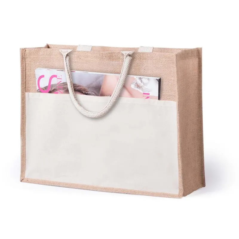 Bolsa de yute Cekon con bolsillo frontal y asas cortas en natural de yute laminado/ algodón, vista frontal