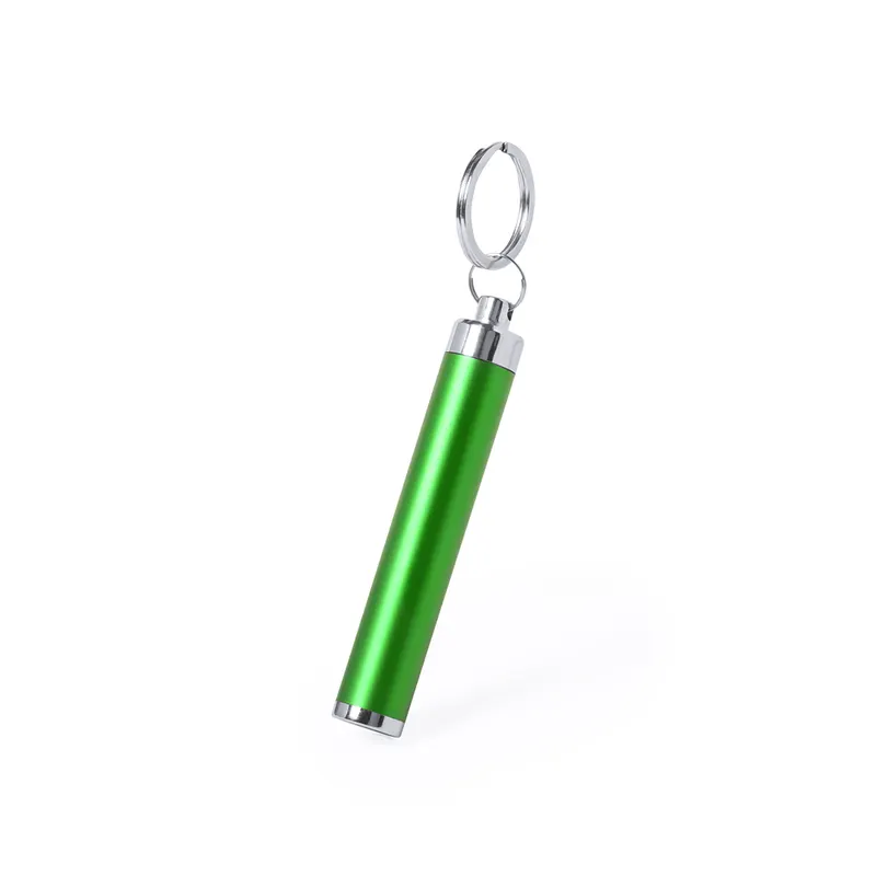 Linterna llavero LED Bimox con logo iluminado en verde, vista frontal