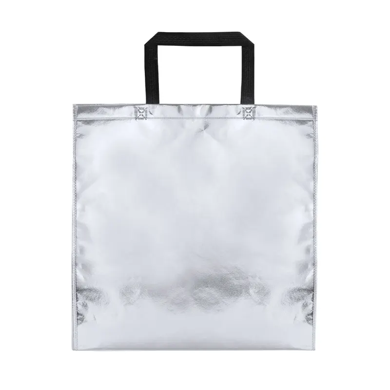 Bolsa non woven laminado metalizado Poznan con fuelle en plateado de non-Woven laminado, vista frontal
