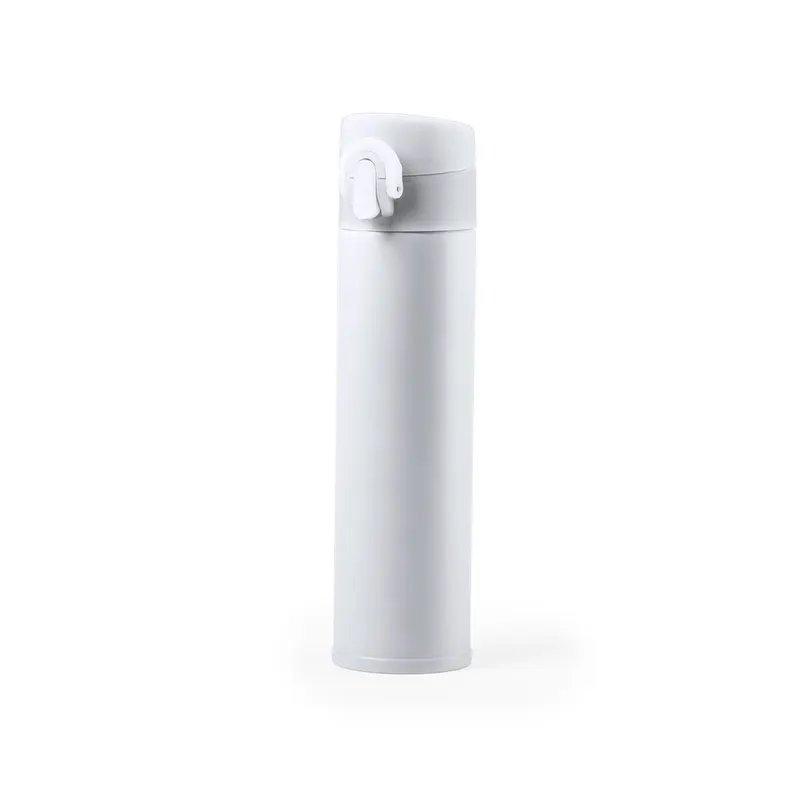 Termo de acero Poltax 330 ml apertura con botón en blanco de acero inox, vista frontal