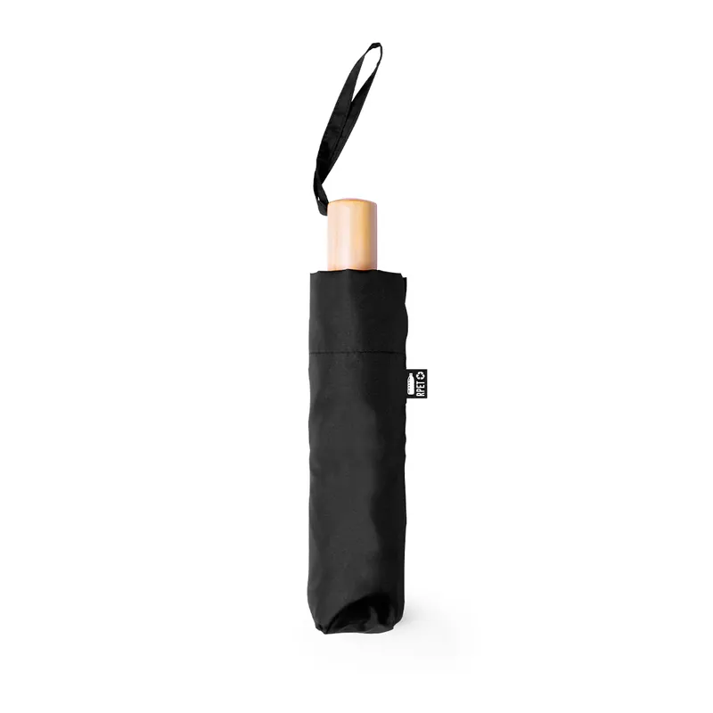 Paraguas plegable de RPET Brosian Ø 95 cm mango madera en negro de pongee 190T RPET, vista frontal