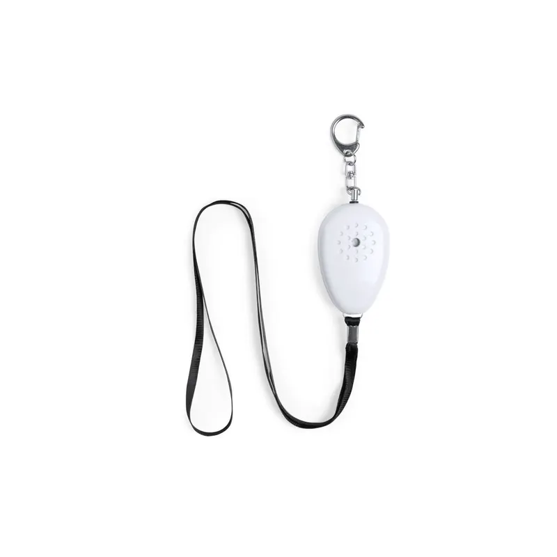 Alarma personal Birnal con cinta y mosquetón en blanco, vista frontal