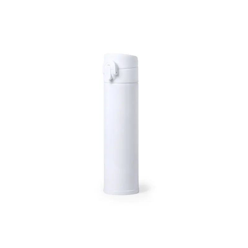 Termo de acero Alirox 330 ml sublimación con botón en blanco de acero inox, vista frontal