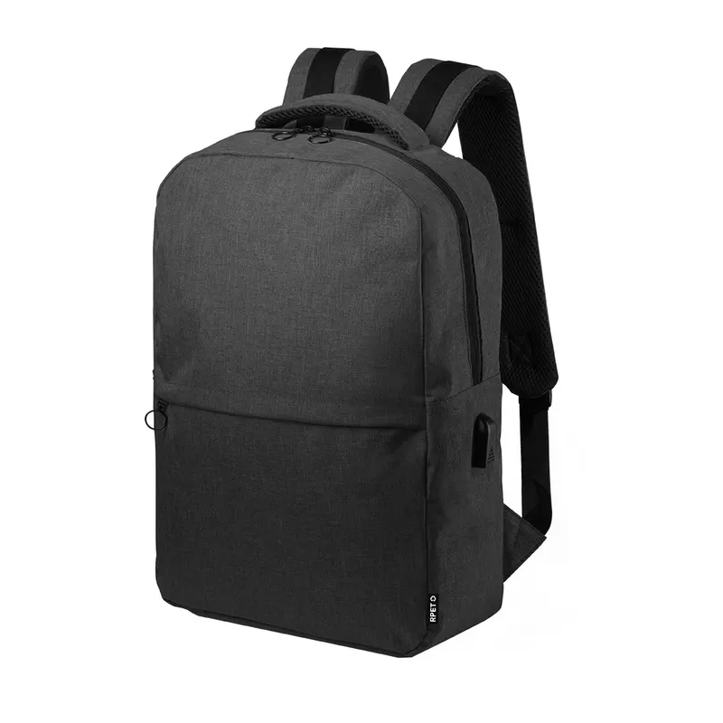 Mochila negocios de RPET Konor 600D estación USB en negro de poliéster 600D RPET, vista frontal