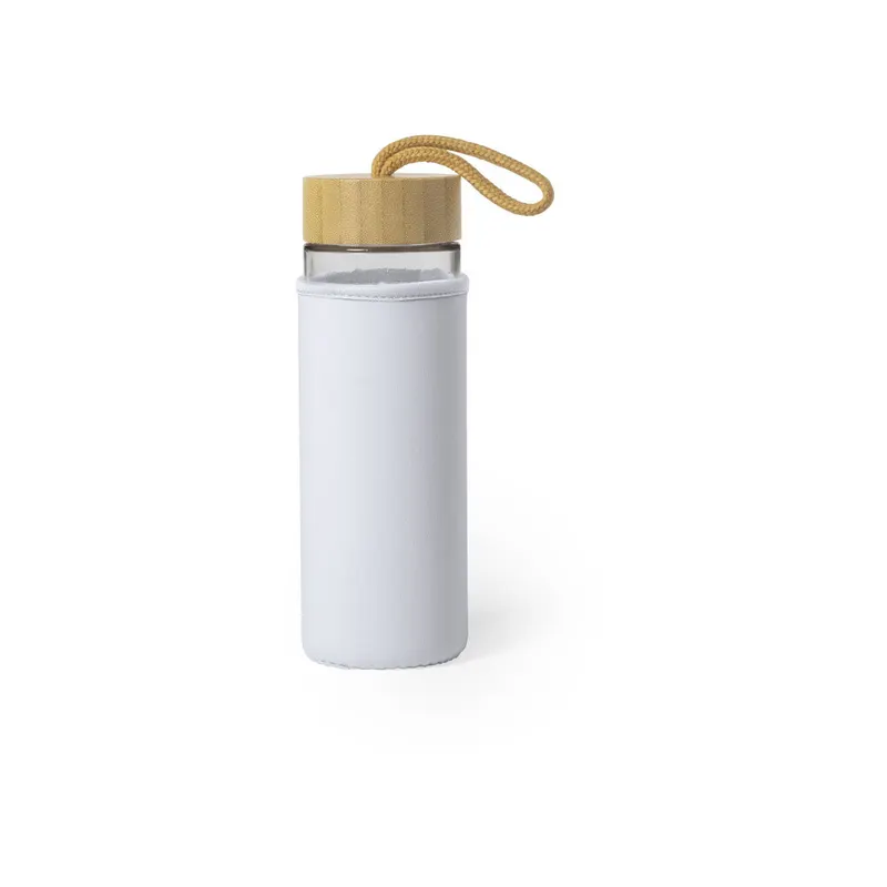 Bidón de cristal y bambú Lurok 530 ml funda blanca en blanco de cristal/ bambú, vista frontal