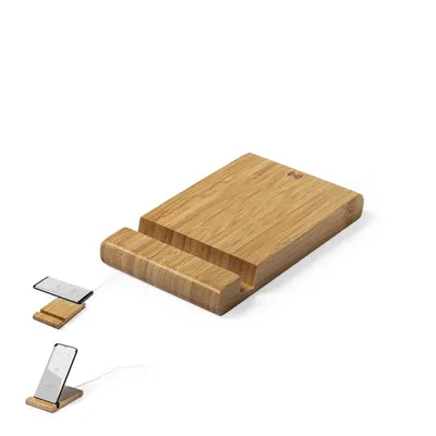 Cargador inalámbrico de bambú Vartol 15 W con soporte personalizable