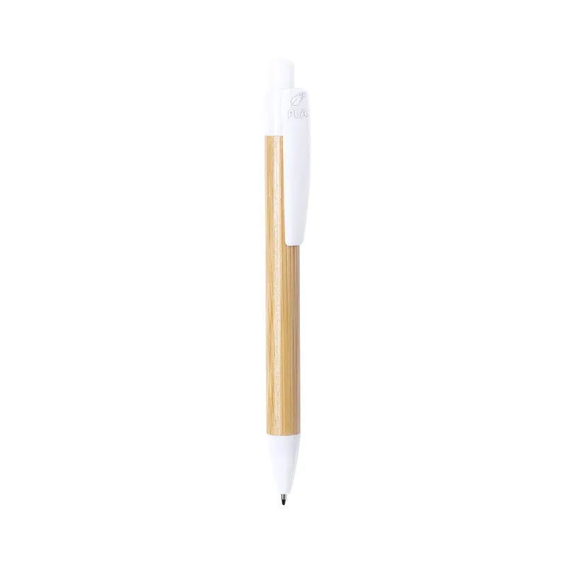 Bolígrafo de bambú Heloix brillo y PLA pulsador en blanco de bambú/ PLA 100% compostable, vista frontal
