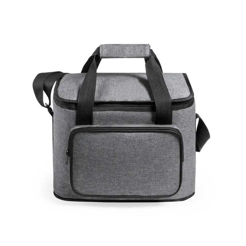 Nevera de RPET Botum 600D melange 13 l con bandolera en gris de poliéster 600D RPET/ PEVA, vista frontal