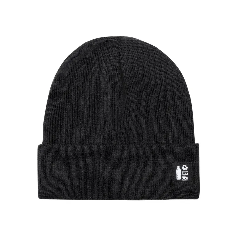 Gorro de punto RPET Hetul con dobladillo en negro de poliéster RPET, vista frontal