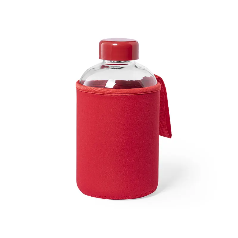 Bidón de cristal Flaber 600 ml con funda soft shell en rojo de cristal, vista frontal