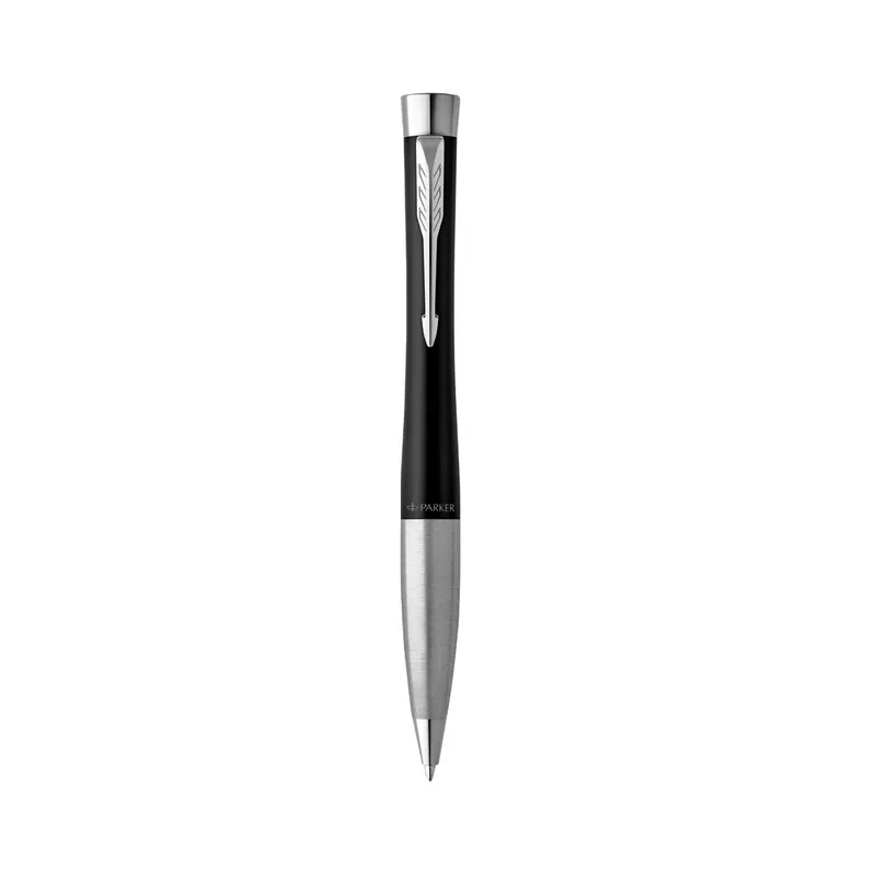 Bolígrafo metálico giratorio forma reloj de arena Urban Twist en negro de metal, vista frontal