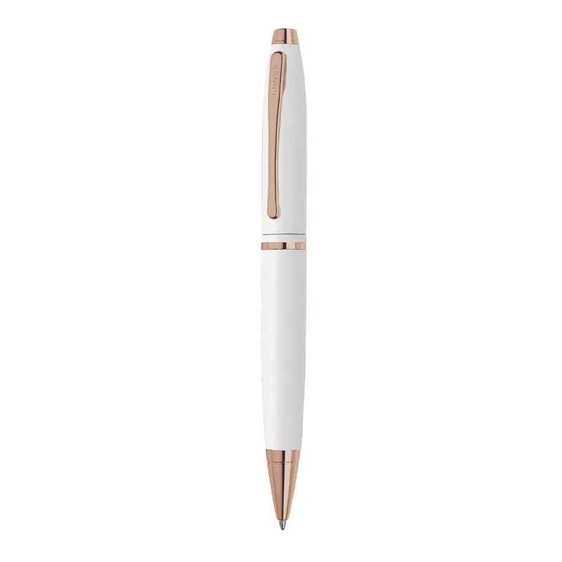 Bolígrafo metálico retráctil blanco y oro rosa Calais White en blanco de metal, vista frontal