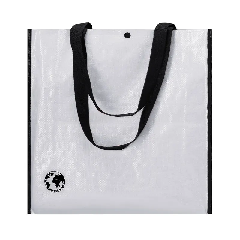Bolsa reutilizable laminada con fuelle y corchete en blanco, vista frontal
