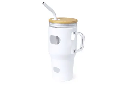 Tarro de cristal Namun 1,1 l con pajita y funda personalizable