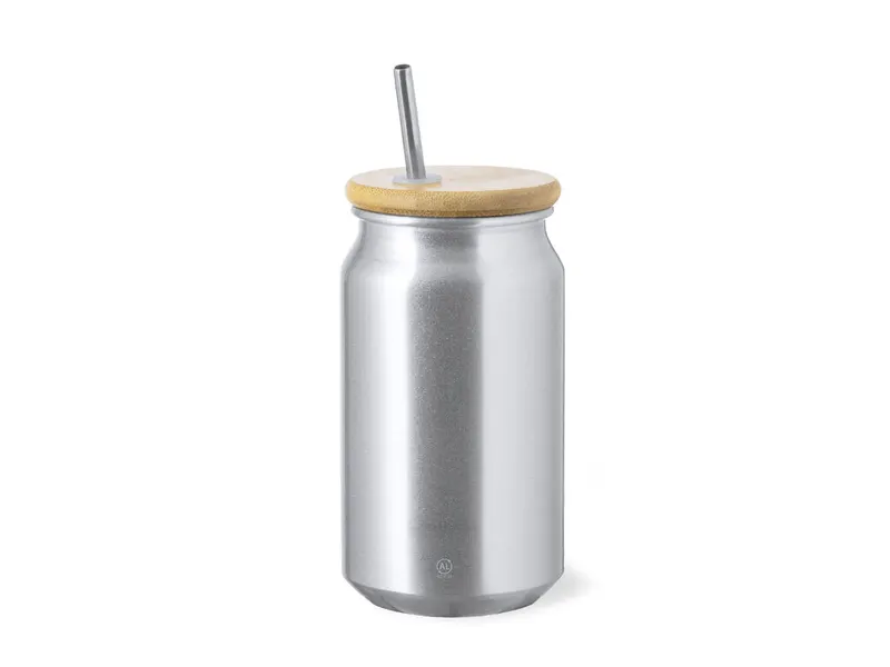 Vaso de aluminio reciclado Audrey 430 ml con pajita en plateado de aluminio reciclado/ bambú/ acero, vista frontal