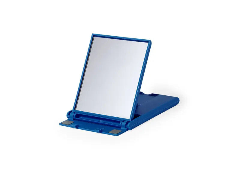 Soporte plegable Angie con espejo para móvil y tablet en azul, vista frontal